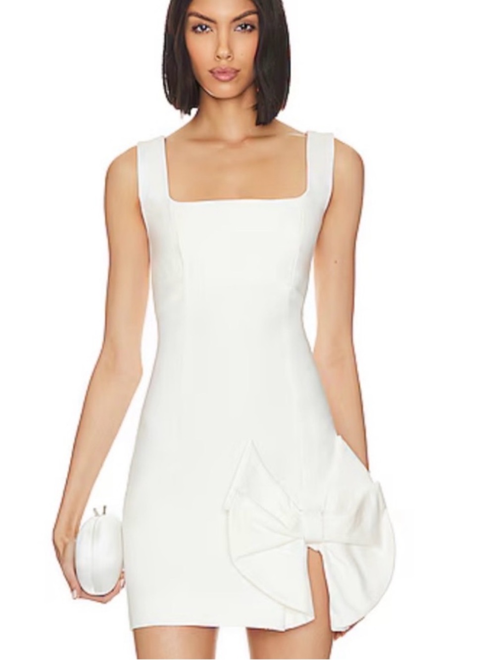 Classic White Square-Neck Mini Dress with Bow Detail-ivory